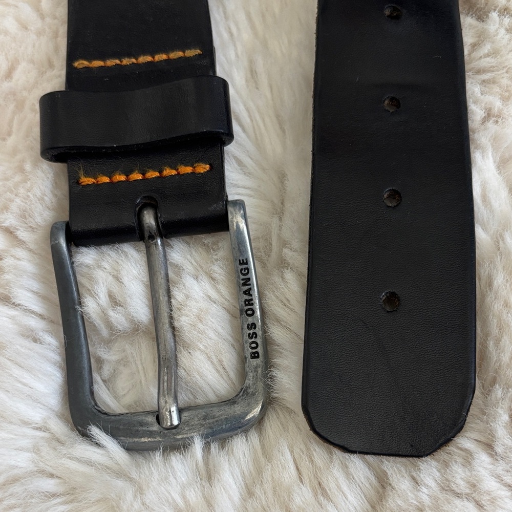 BOSS ORANGE Black Leather Belt with Orange Stitching and Brushed Metal Buckle